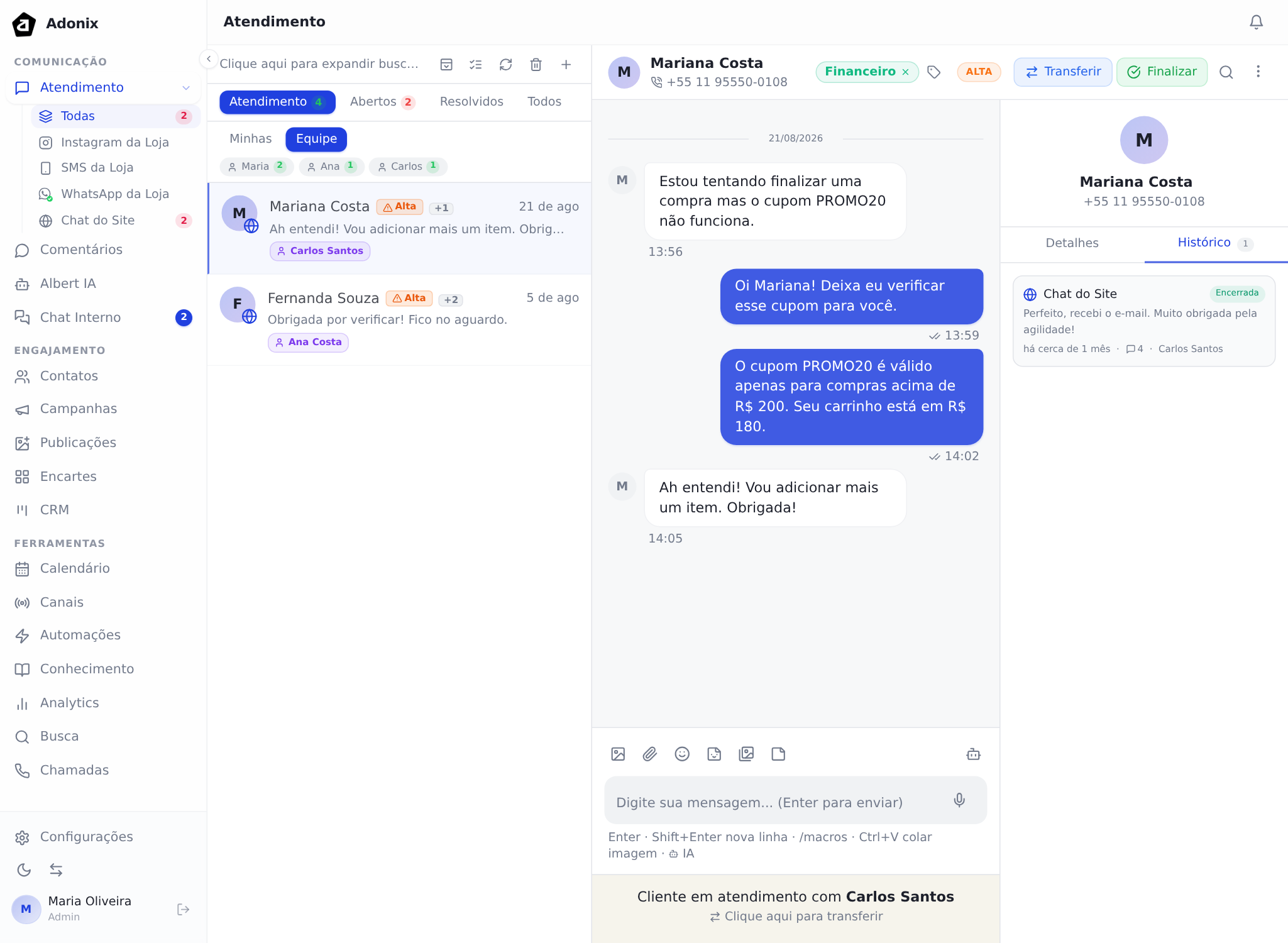 Painel do contato dentro da conversa, na aba Histórico