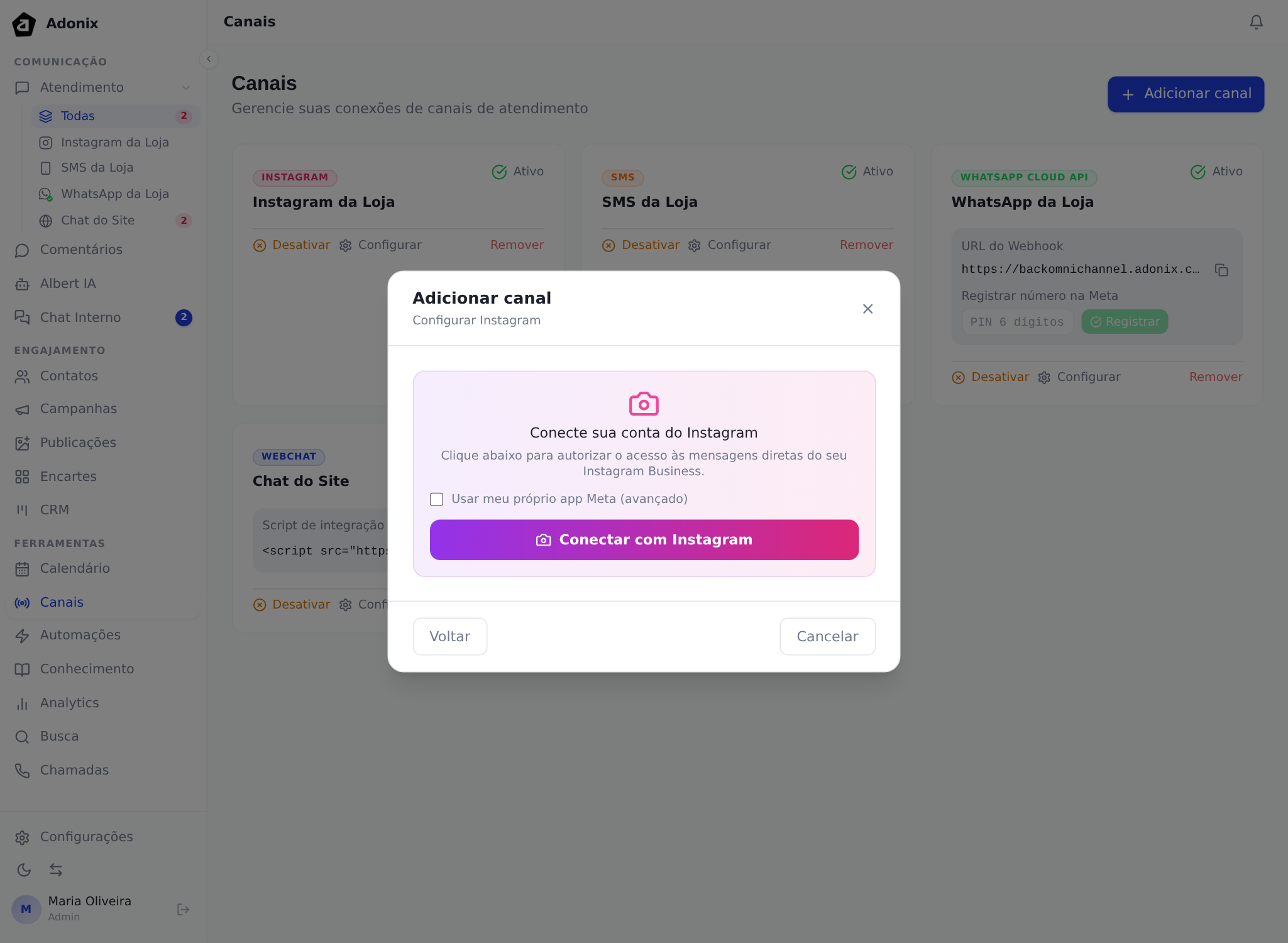 Diálogo de adicionar canal, na etapa de configurar o Instagram