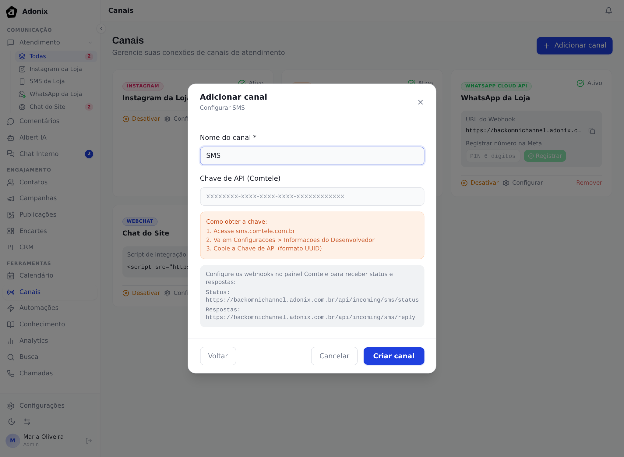 Formulário do canal SMS, com a Chave de API da Comtele, onde obtê-la e os dois webhooks