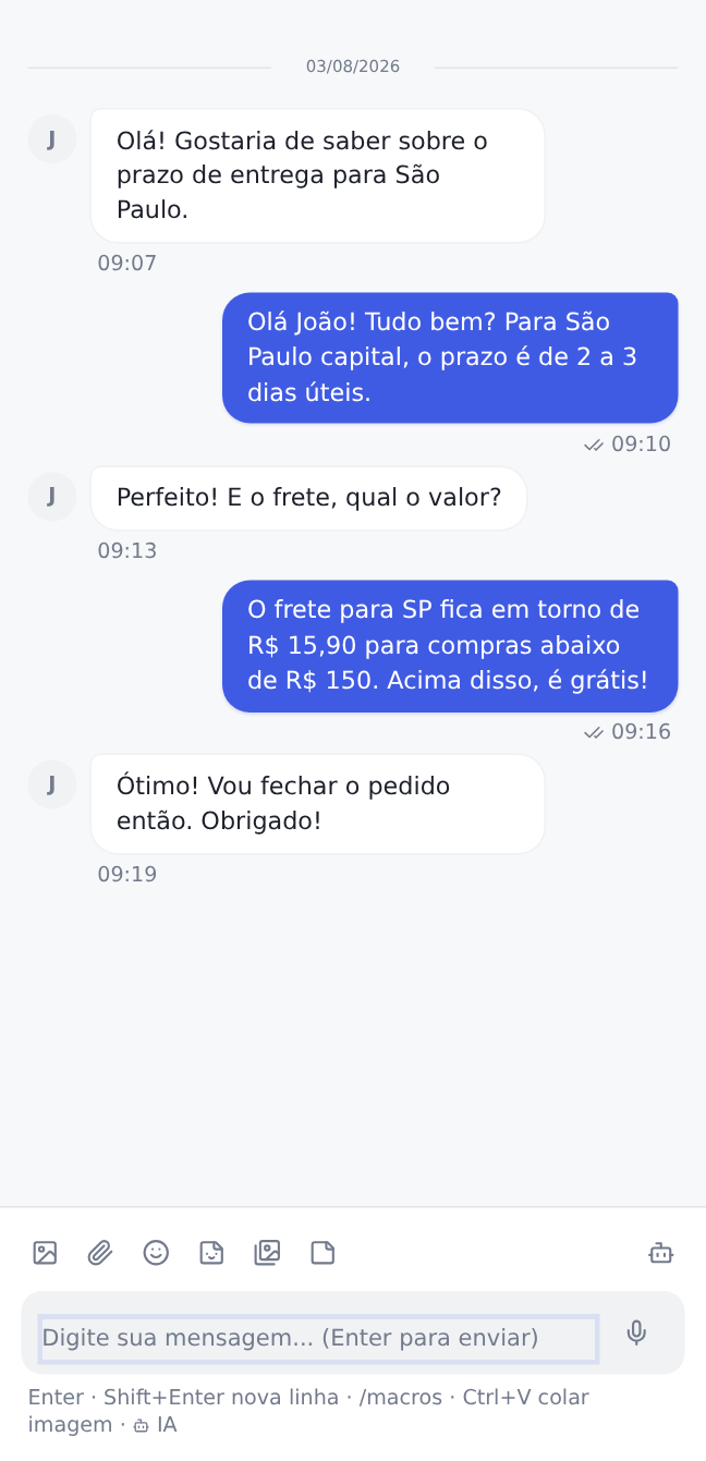 Barra de anexos do campo de mensagem, com os botões de foto, arquivo, emoji, figurinha, biblioteca, nota e IA