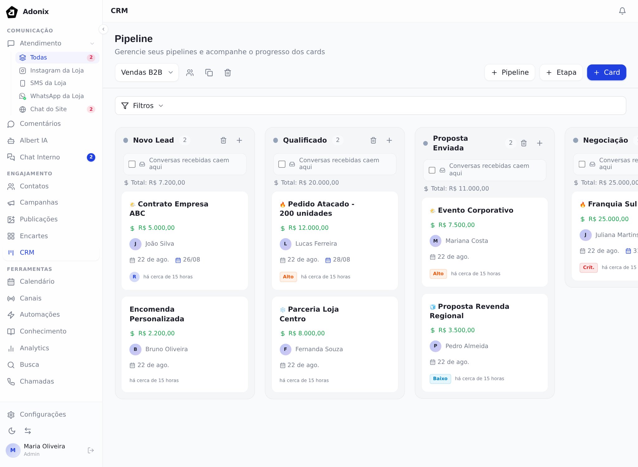 Quadro do CRM com as etapas em colunas e os cartões de negócio