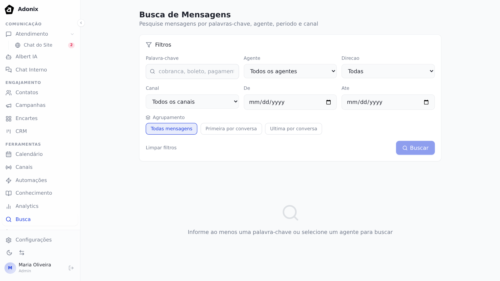 Tela de busca global com filtros