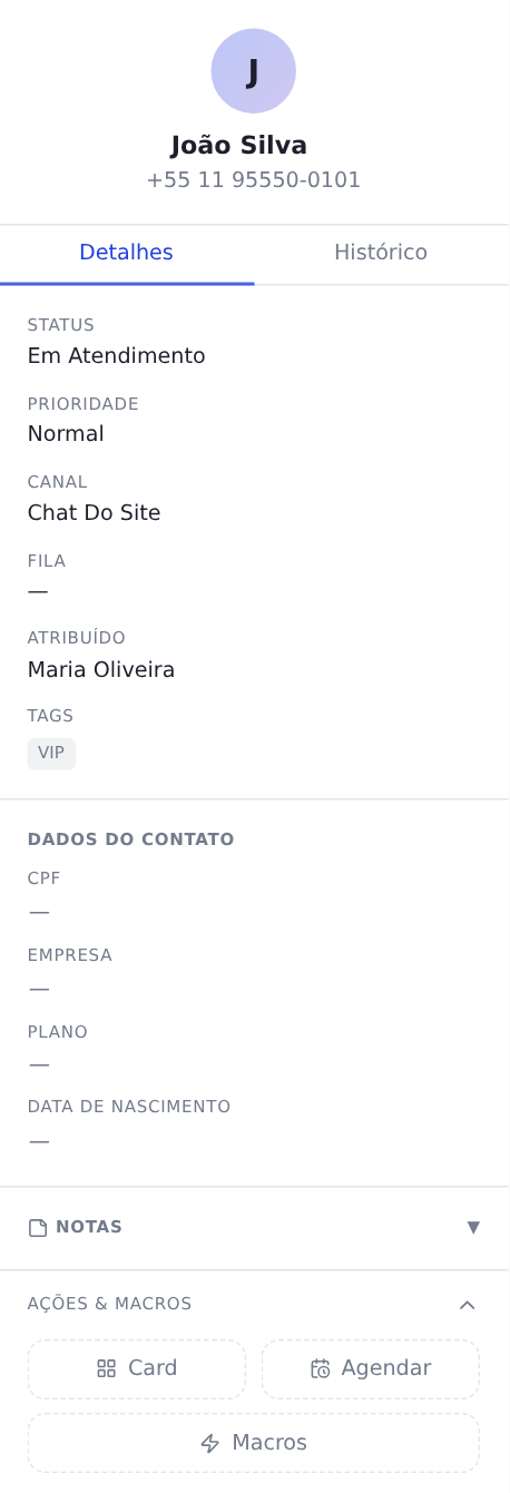 Painel do contato dentro da conversa, com os campos personalizados prontos para preencher