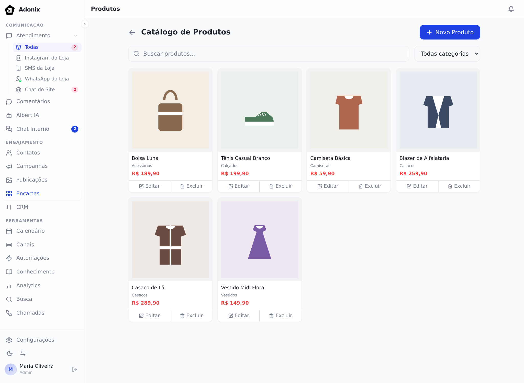 Catálogo de produtos, com foto e preço de cada item
