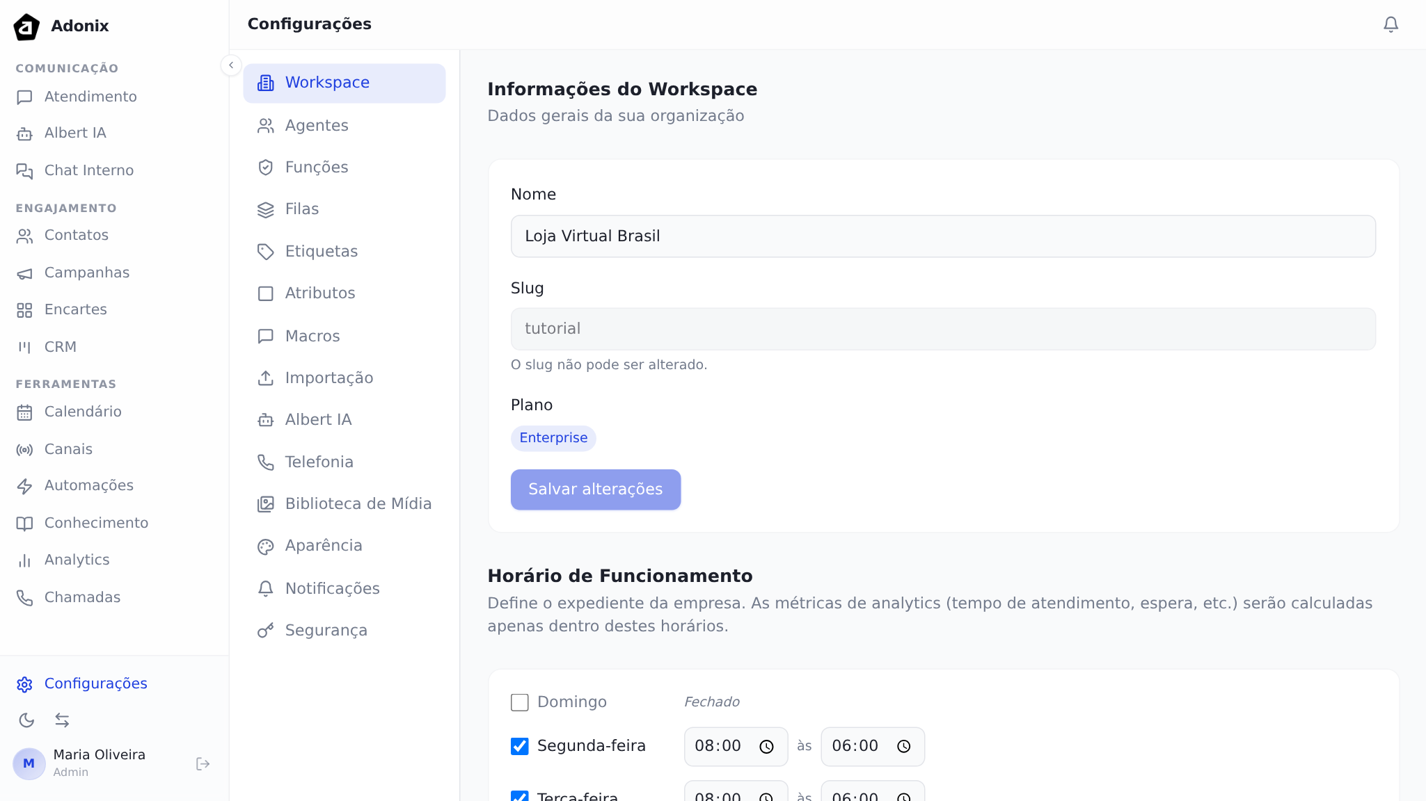 Configuração de horário