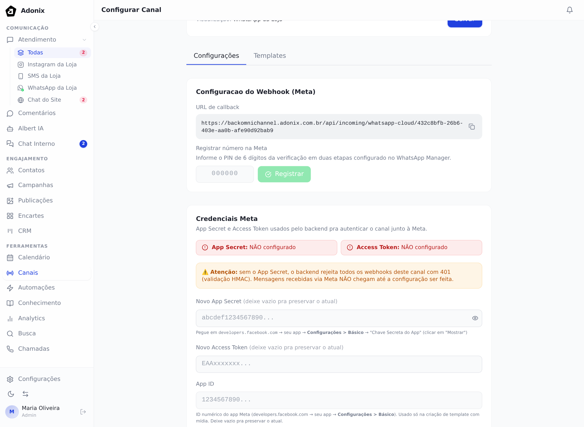 Dentro do canal: a URL de callback do webhook, o registro do número por PIN e o aviso do App Secret