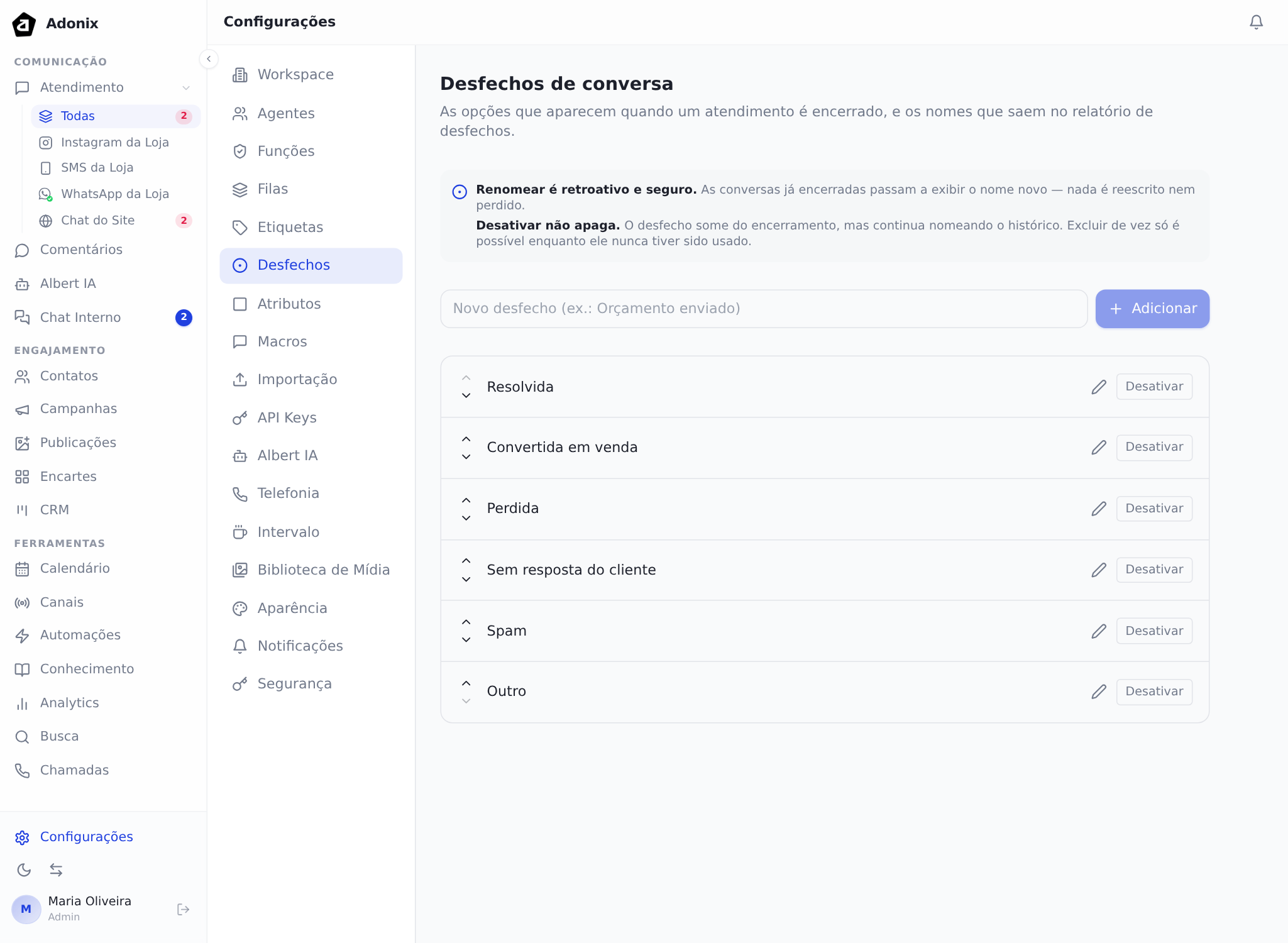 Aba Desfechos, com a lista de opções