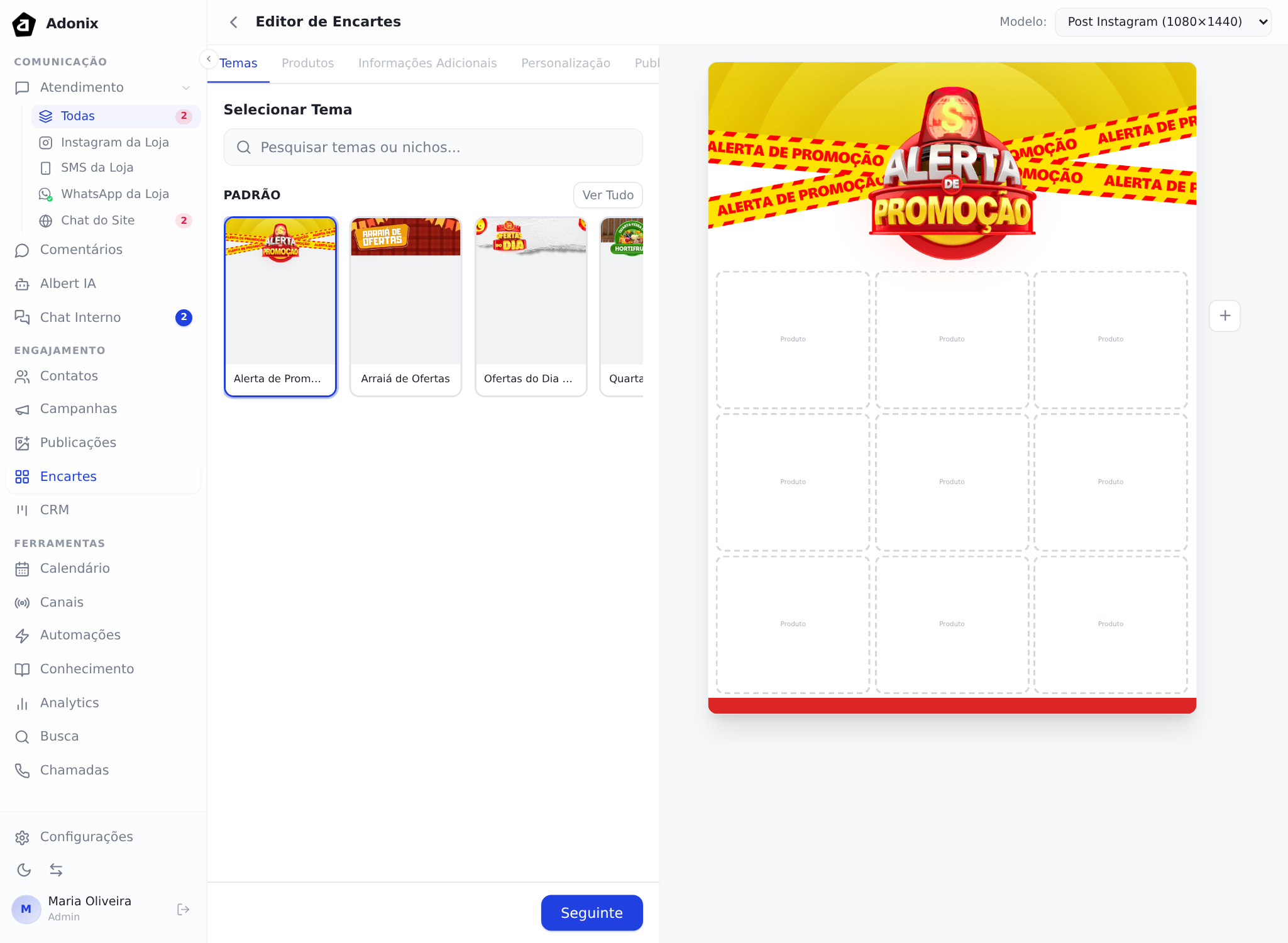 Editor de encartes, na aba Temas, com a galeria e a pré-visualização