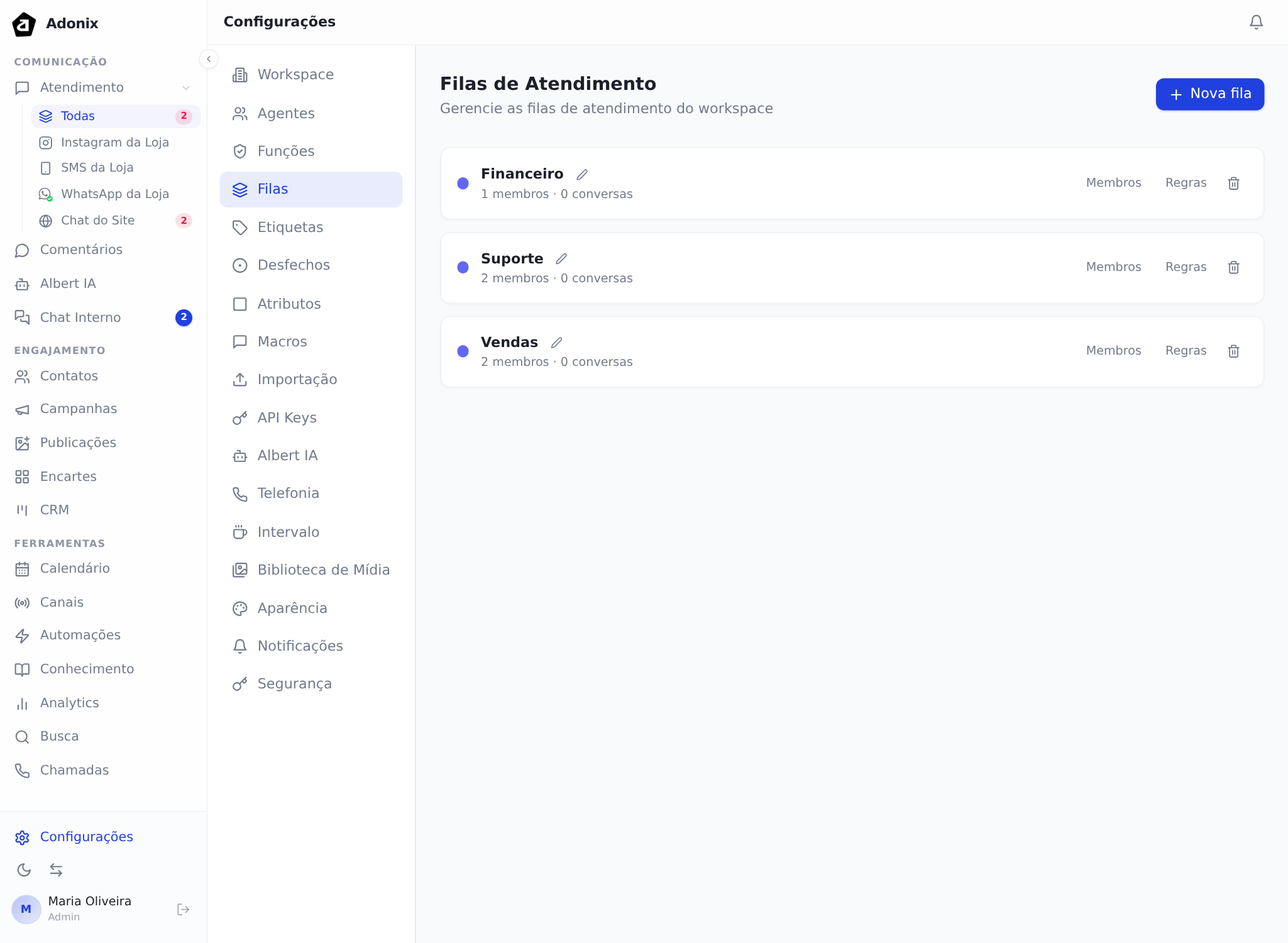 Aba Filas, com as filas do workspace e a contagem de membros