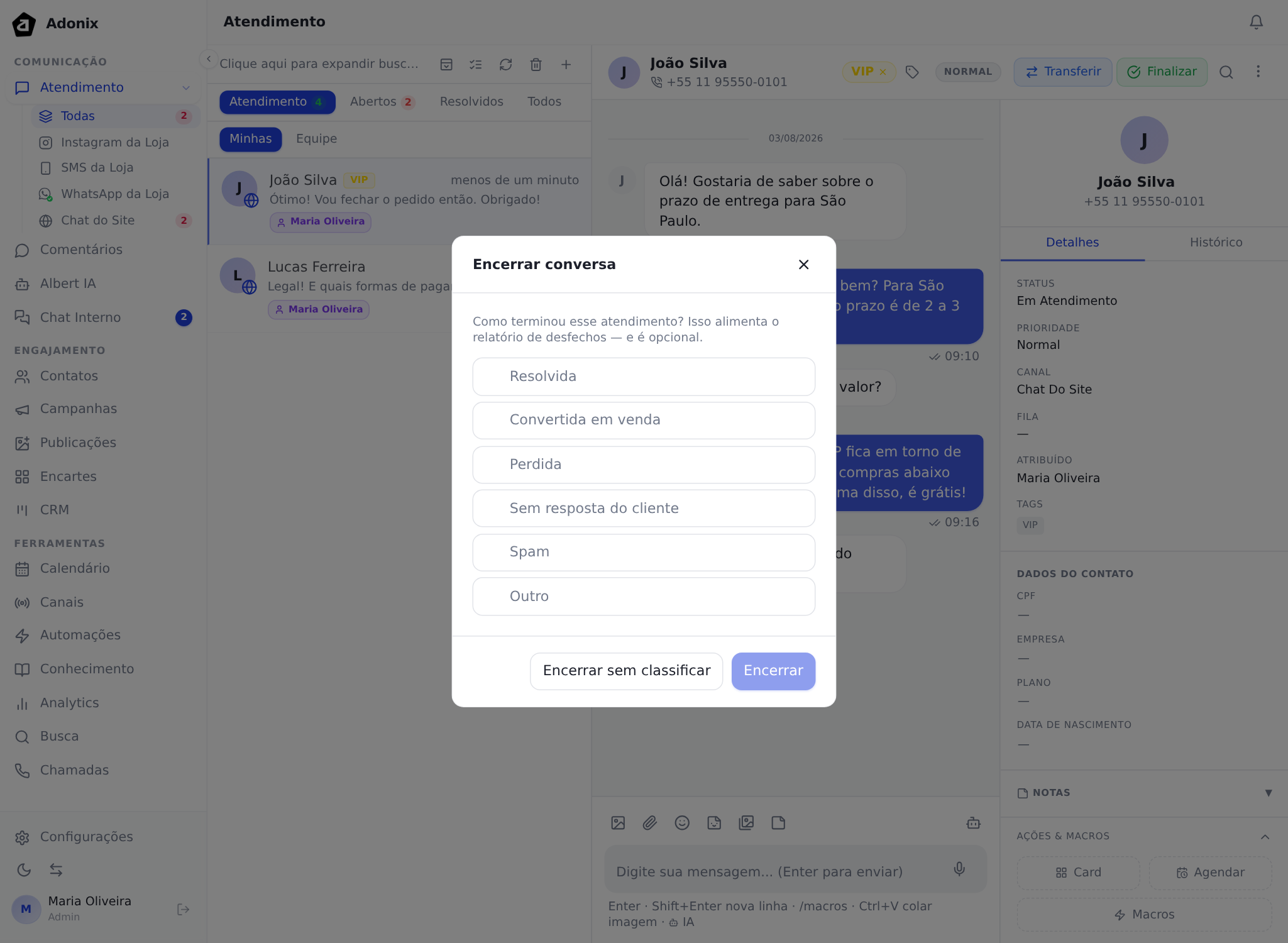 Diálogo Encerrar conversa, com a lista de desfechos