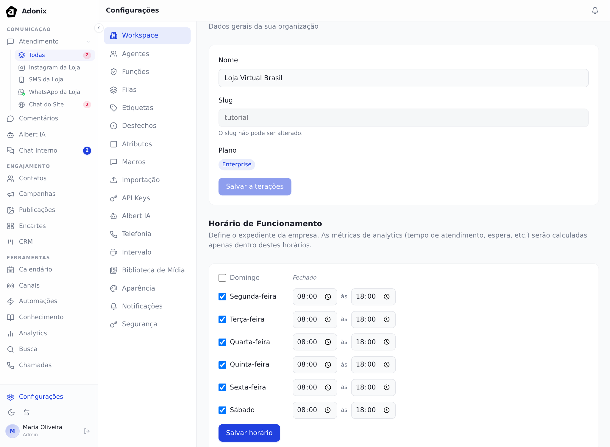 Horário de funcionamento na aba Workspace, com os dias da semana e os horários