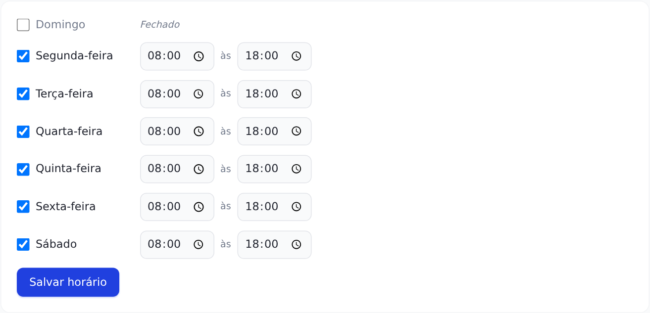 Horário de funcionamento, com os dias da semana e os horários