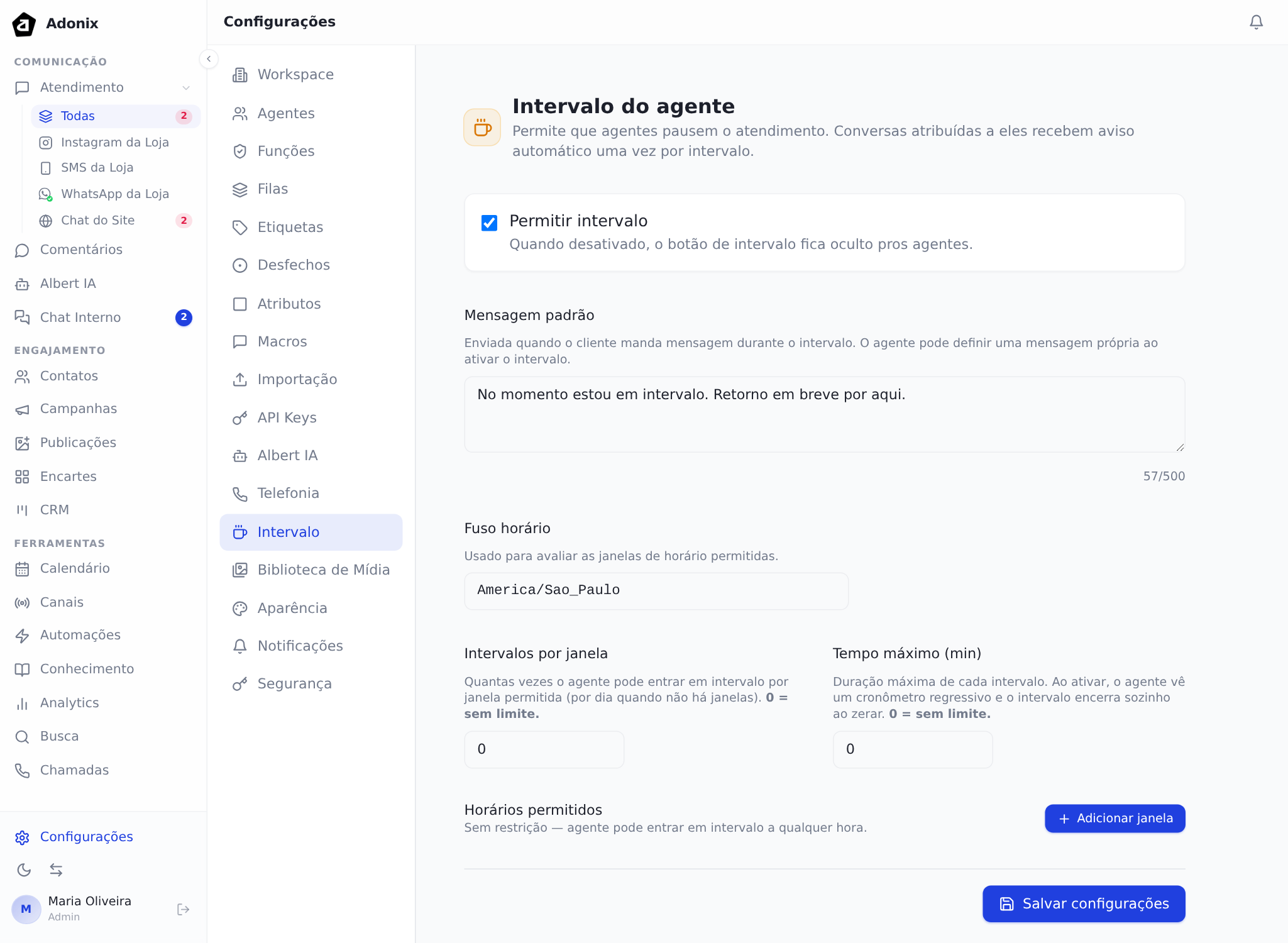 Aba Intervalo, com a mensagem padrão e os limites