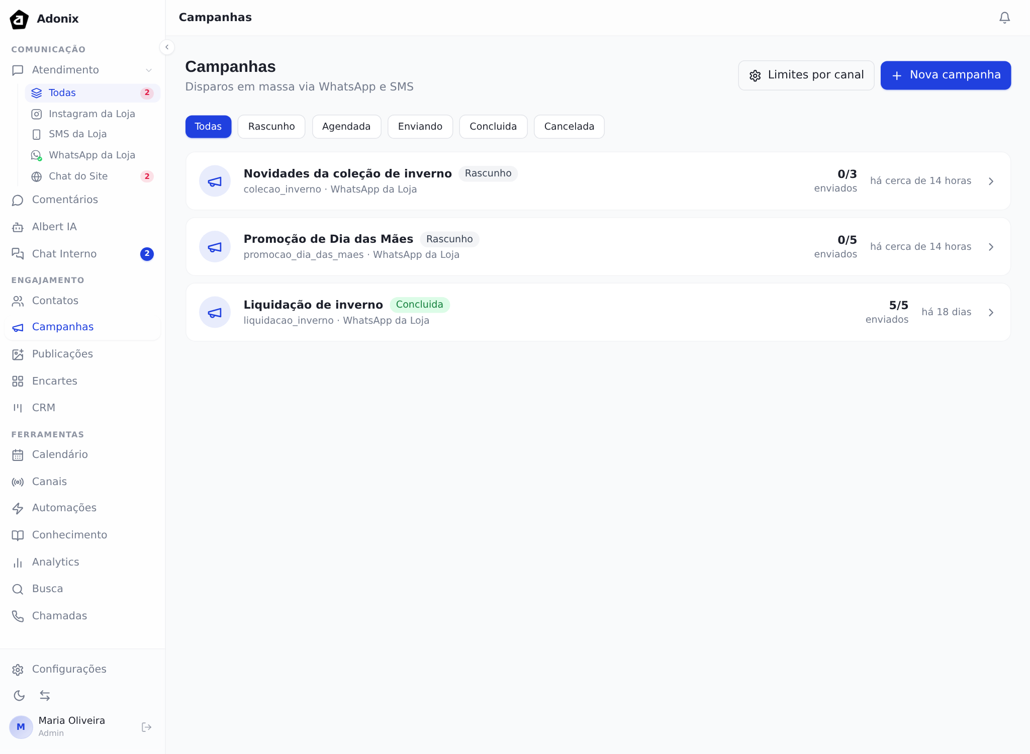 Lista de campanhas, com status e contador de enviados