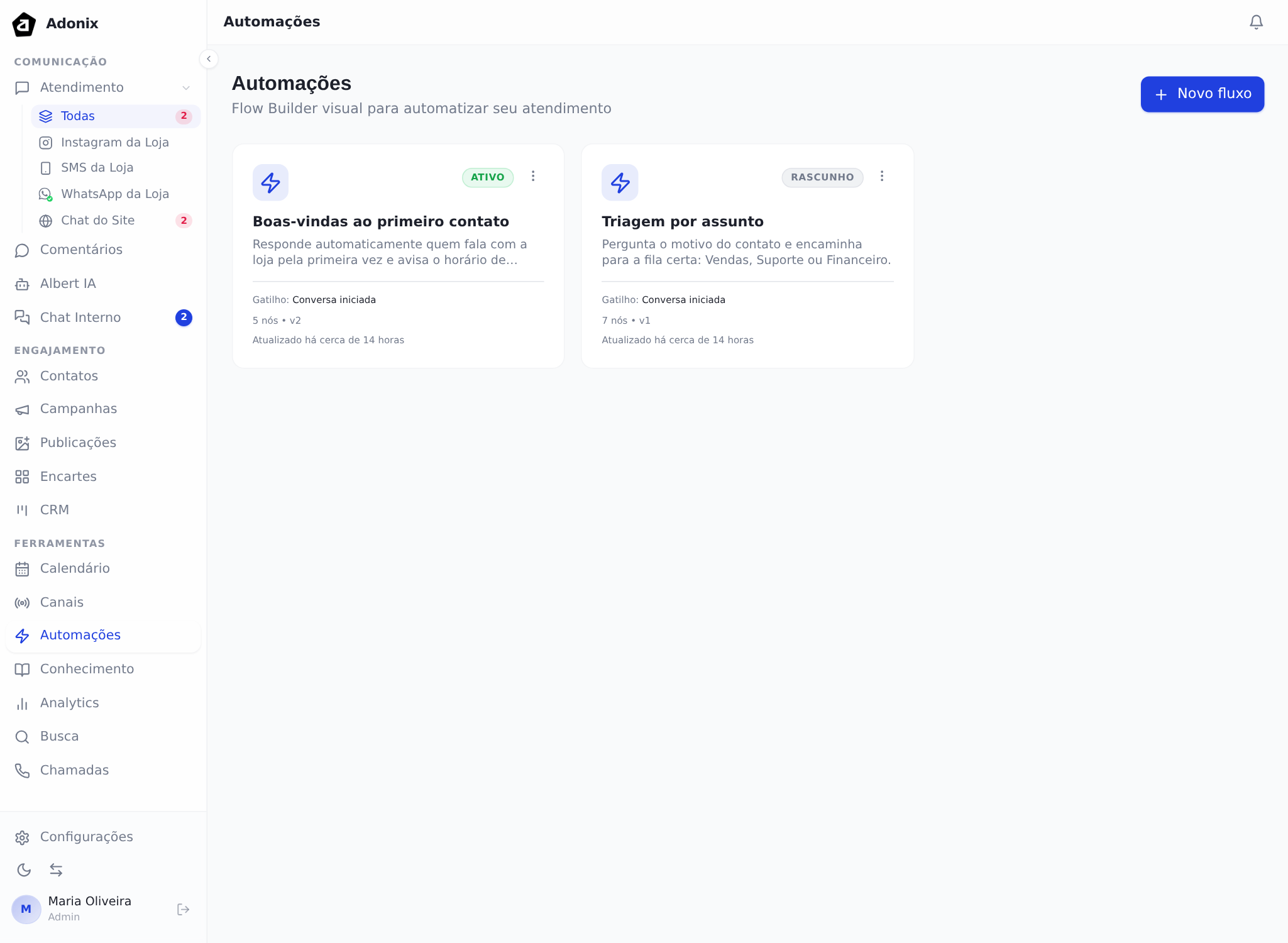 Lista de automações, com um fluxo ativo e um em rascunho