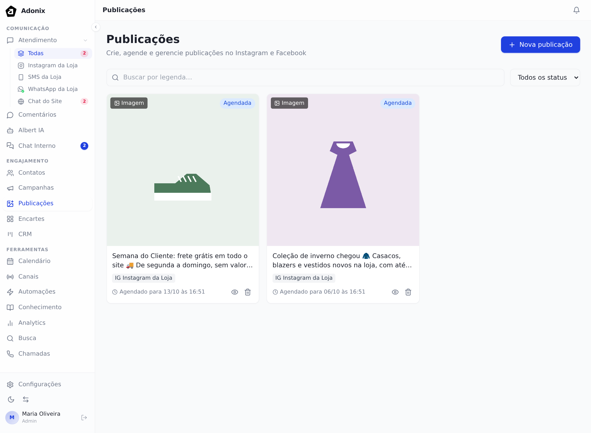 Lista de publicações em cartões, com a busca e o seletor de status