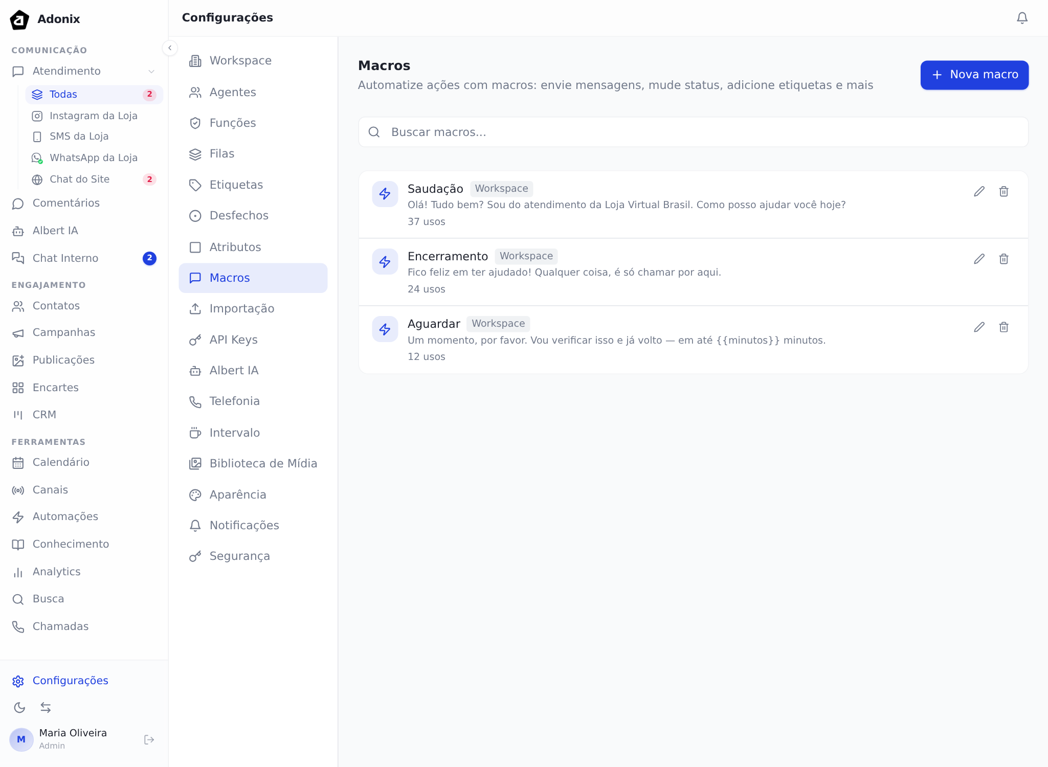Aba Macros, com as macros do workspace