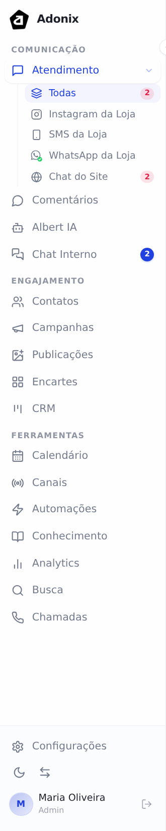 Menu lateral aberto, mostrando os grupos Comunicação, Engajamento e Ferramentas