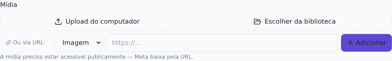 Área de mídia, com upload, biblioteca e envio por URL