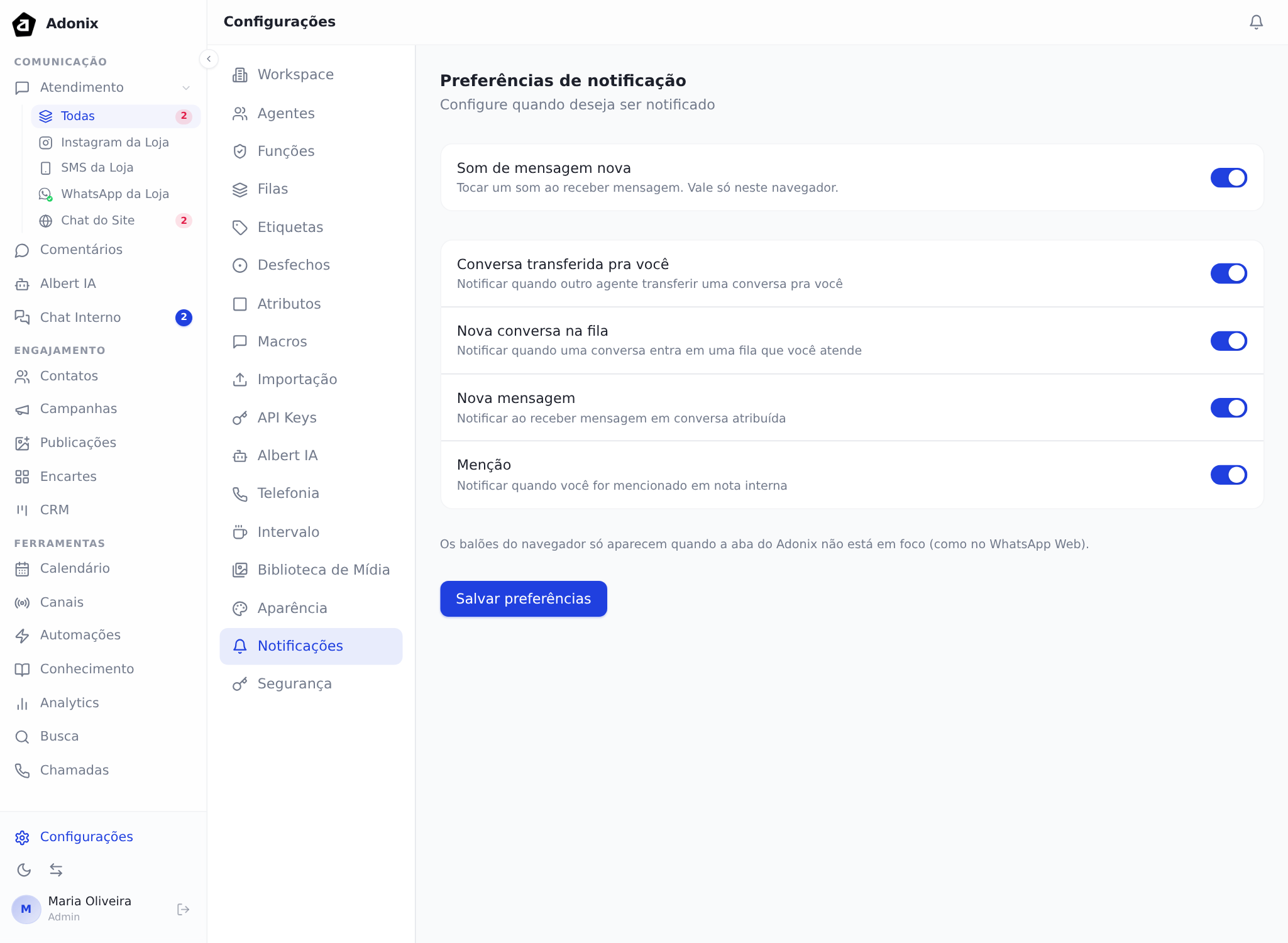 Aba Notificações, com as preferências e o interruptor de som