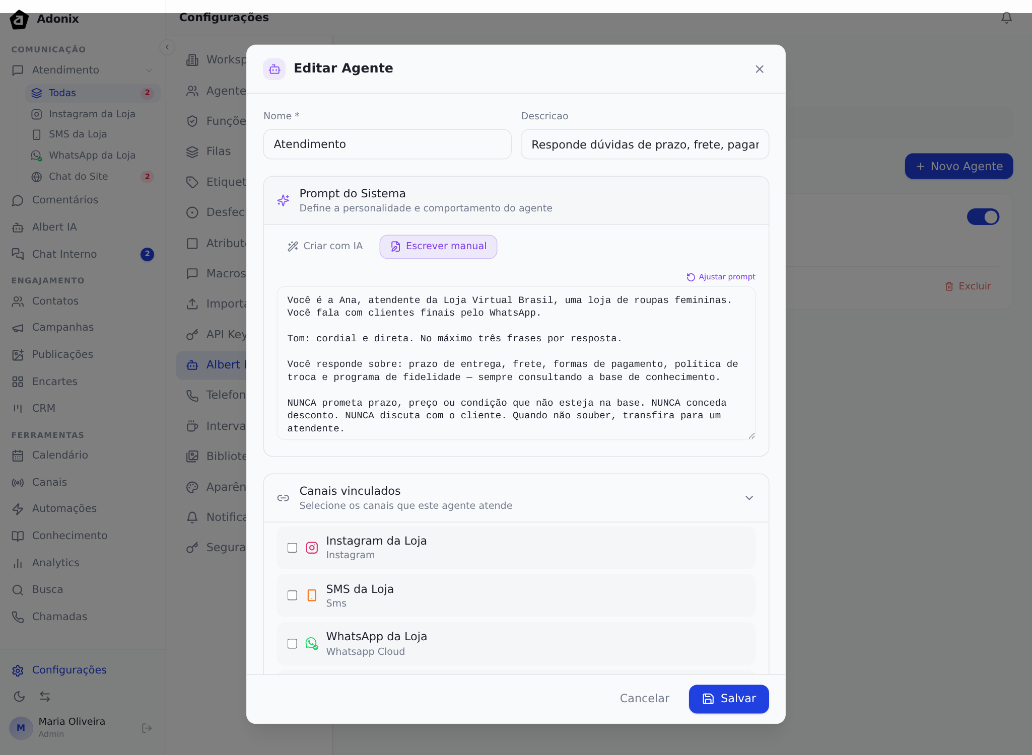 Bloco Prompt do Sistema, com as opções Criar com IA e Escrever manual