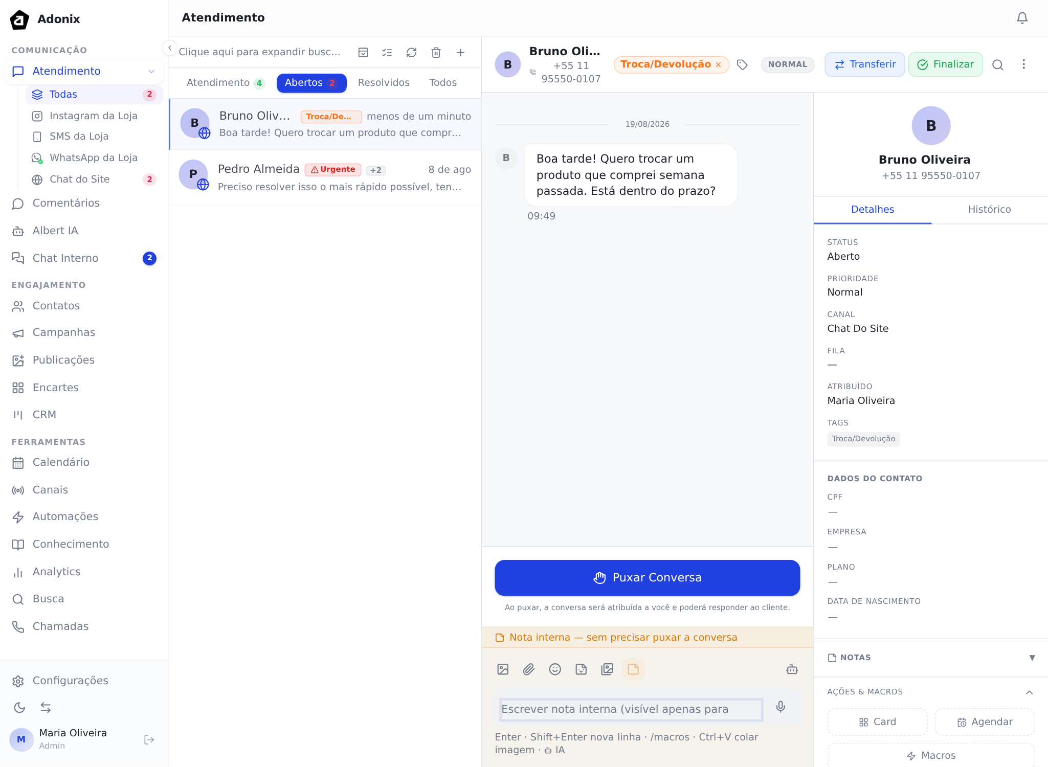 Conversa sem dono, com o botão Puxar Conversa em destaque