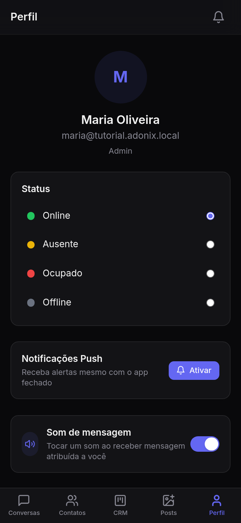 Aba Perfil, com status, notificações push e som de mensagem
