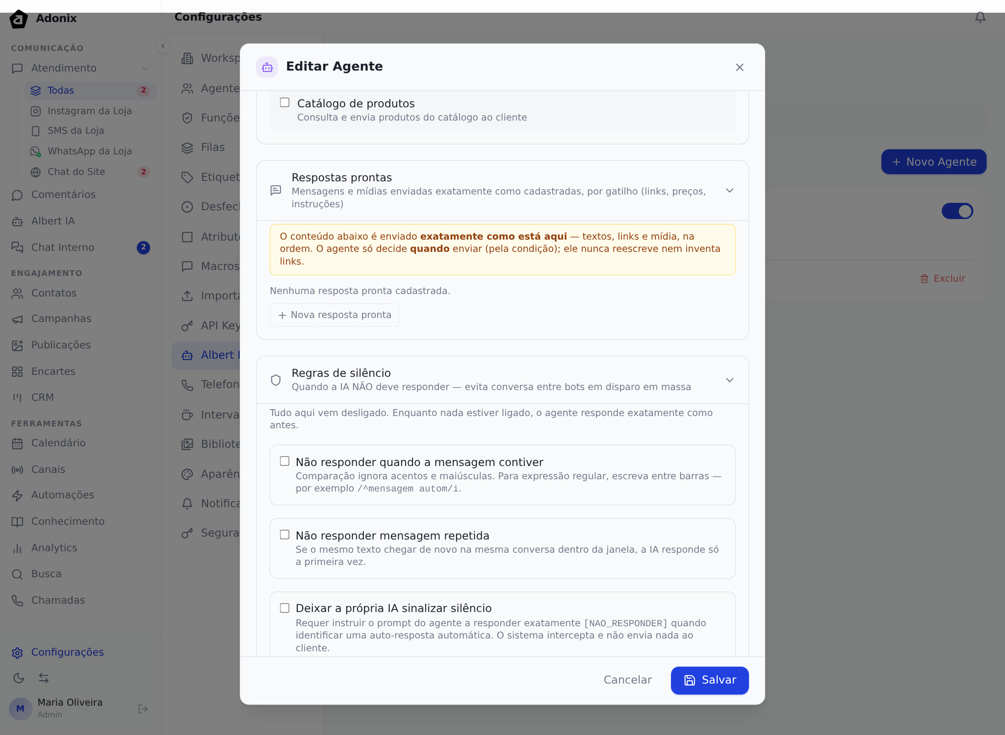 Regras de silêncio na configuração do agente