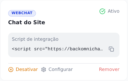 Cartão do canal de chat do site, com o script de integração e o botão de copiar