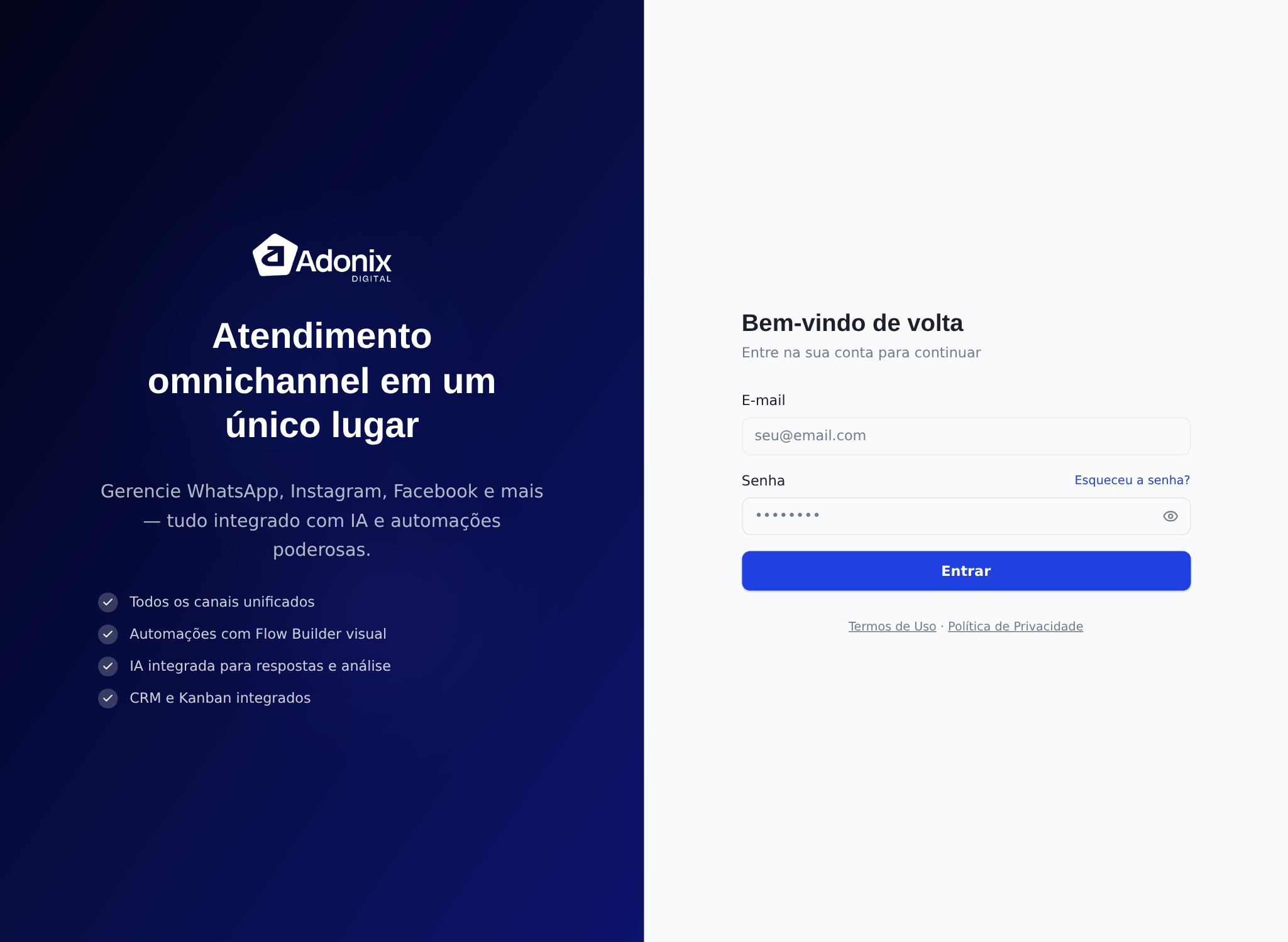 Tela de login da plataforma, com os campos de e-mail e senha