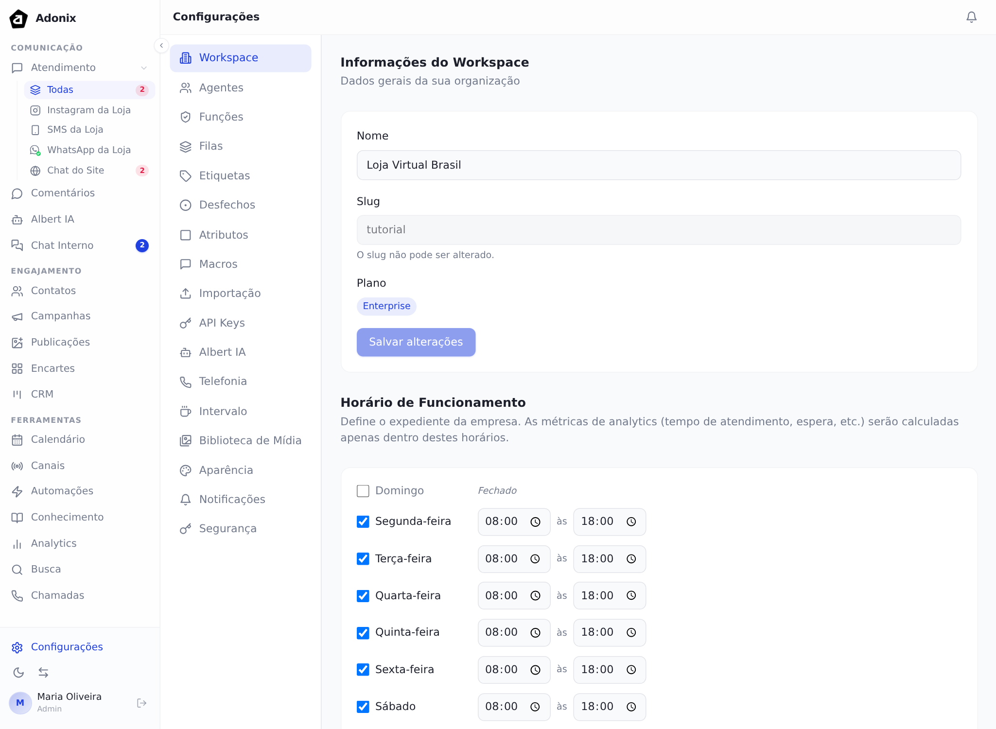 Aba Workspace, com os dados da empresa e o horário de funcionamento